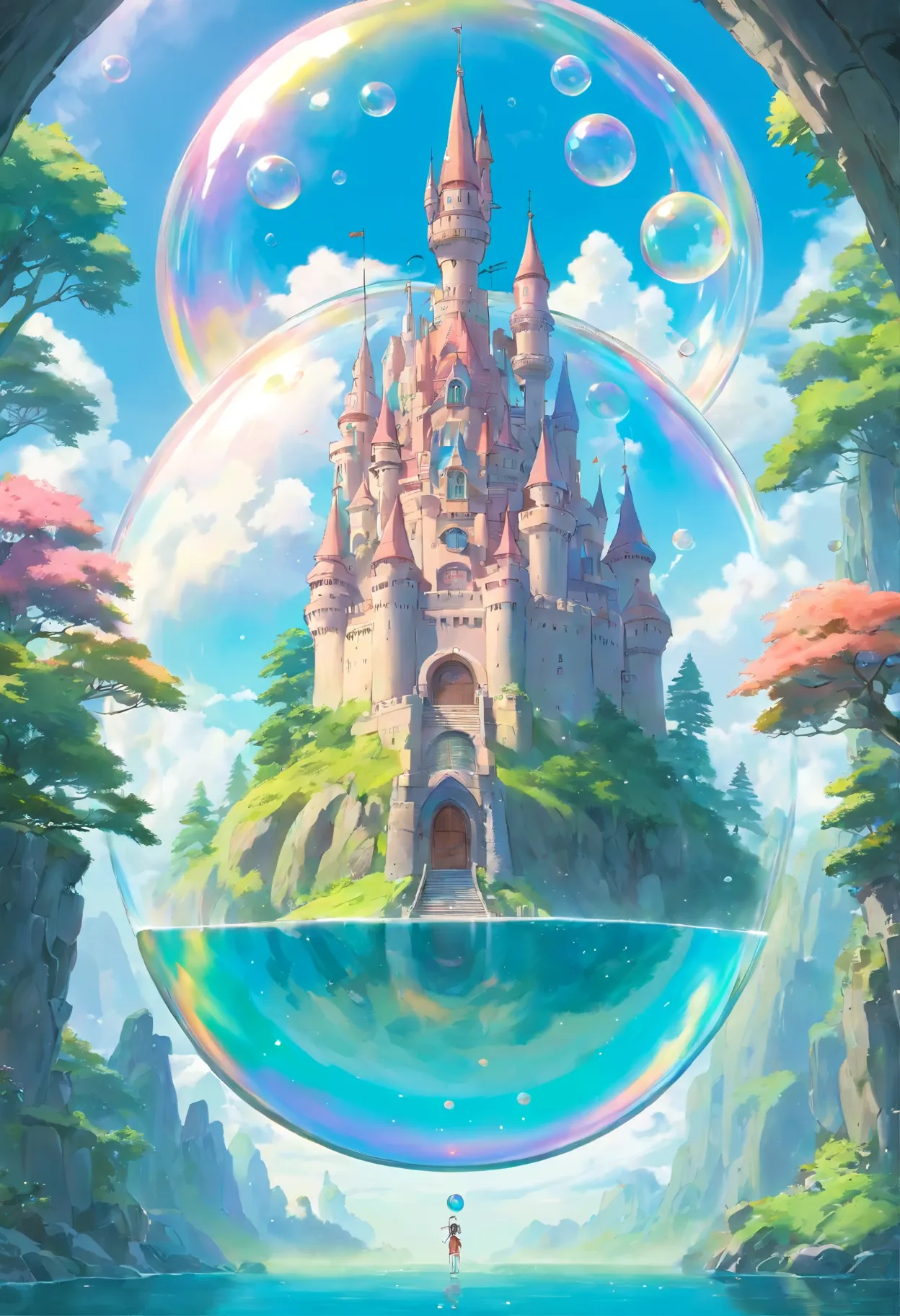 Anime castle with a swan and a swan on the water - SeaArt AI