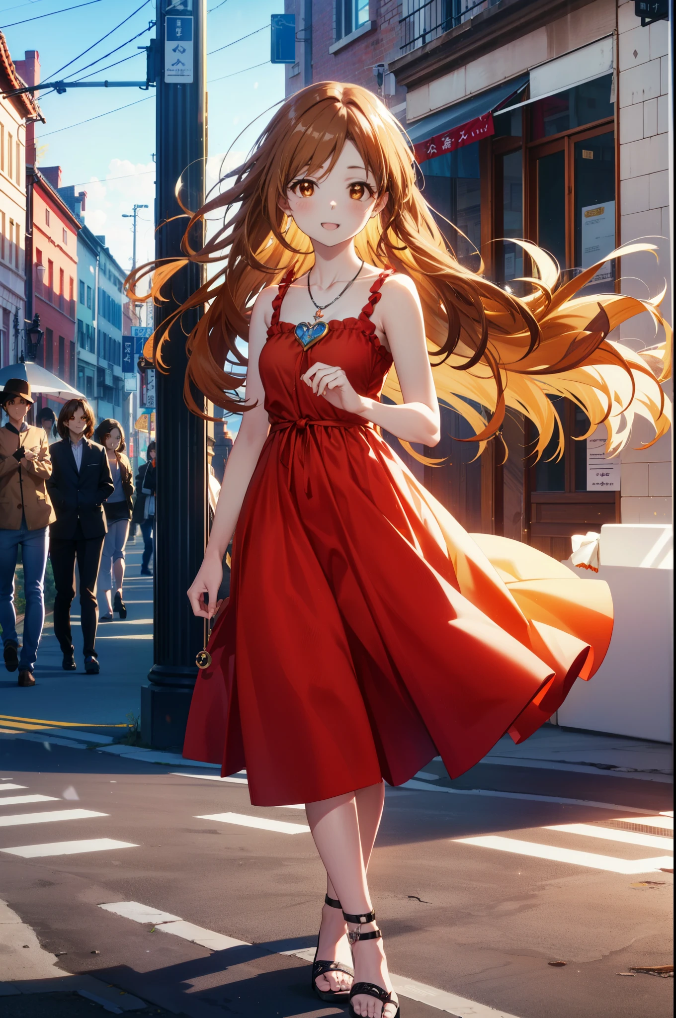 a sun ayuuki, a sun a yuuki, Long Hair, Brown Hair, (Brown eyes:1.8)Medium chest,happy smile, smile, Open your mouth,Locket Necklace,Red sleeveless dress,Red long skirt,Cute heeled sandals,True Summer,Daytime,Clear skies,whole bodyがイラストに入るように,
break outdoors, In town,Building district,crowd, people々々,
break looking at viewer, whole body,
break (masterpiece:1.2), highest quality, High resolution, unity 8k wallpaper, (figure:0.8), (Beautiful fine details:1.6), Highly detailed face, Perfect lighting, Highly detailed CG, (Perfect hands, Perfect Anatomy),