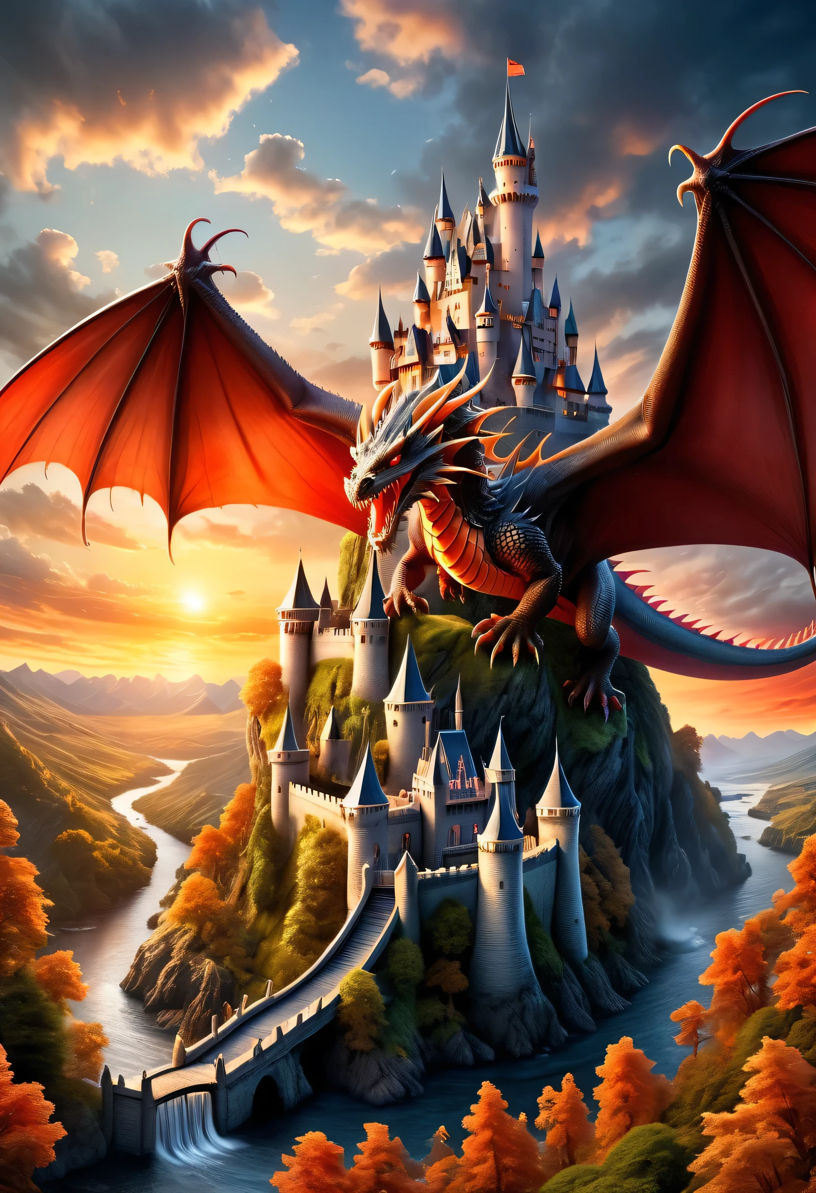 a panoramic award winning photography, Photorealistic, extremely detailed of a (castle: 1.4) being attacked by a dragon, an impressive best detailed castle,  with towers, bridges, a moat filled with lava, standing on top of a mountain, the red dragon flying near the castle threatening it, the sun sets on the castle, , masterpiece, best quality, (extremely detailed), ultra wide shot, photorealism, depth of field, faize