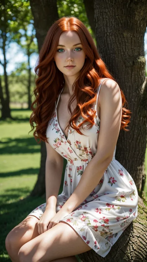 photograph, natural lighting, a beautiful woman around 20 years old with wavy red hair and green eyes, wearing a white floral dr...
