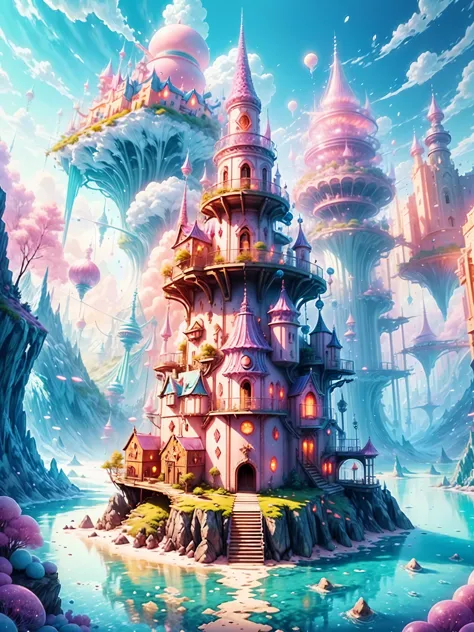 Enchanting utopian world scenes that imagine the majestic realm of romantic fantasy, The environment is full of  floating island...