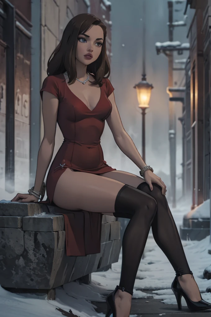 Masterpiece, Best quality, Very young Russian girl, blonde, Curly, Medium long hair without hairstyle, Short red dress with red color, Bracelet on the left wrist, necklace around the neck, Black openwork stockings, High-heeled shoes, sitting on a stone in the middle of a winter forest, look into the distance, snowy wild forest, It's cold, it's snowing, beautiful face and slim body, shapely legs, steam from the mouth, innocent and deep look, thick fog, photorealism, photographic appearance, RAW style.