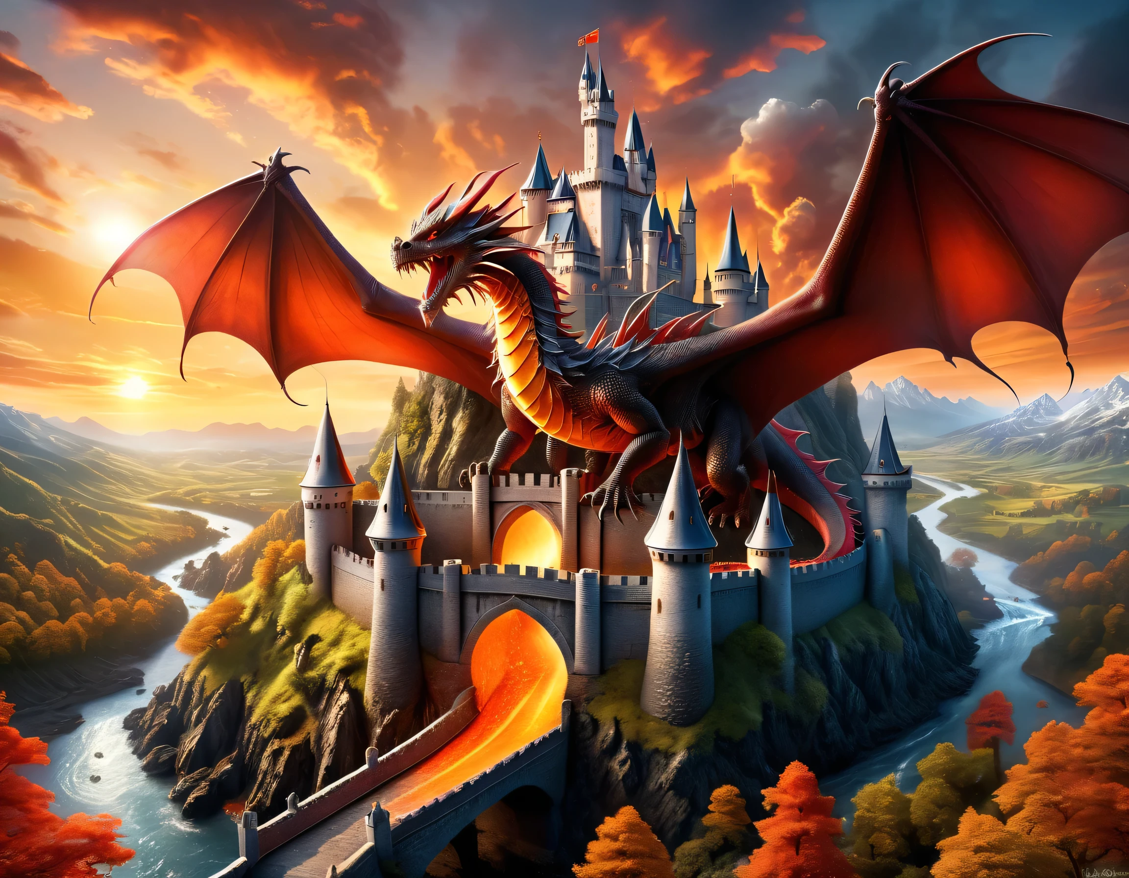 a panoramic award winning photography, Photorealistic, extremely detailed of a (castle: 1.4) being attacked by a dragon, an impressive best detailed castle,  with towers, bridges, a moat filled with lava, standing on top of a mountain, the red dragon flying near the castle threatening it, the sun sets on the castle, , masterpiece, best quality, (extremely detailed), ultra wide shot, photorealism, depth of field, faize