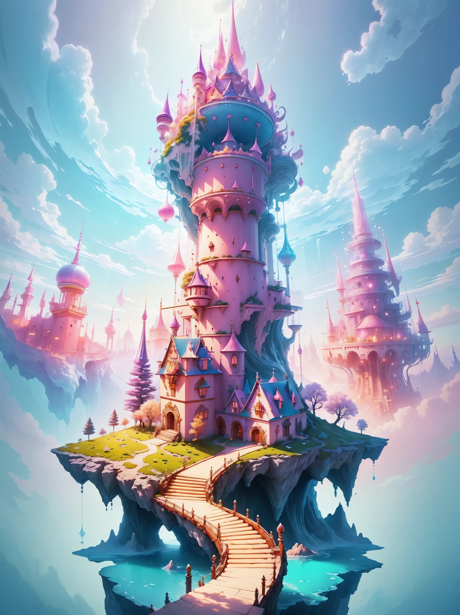 Enchanting utopian world scenes that imagine the majestic realm of romantic fantasy,  floating islands in sky, Fluffy clouds, dream castle on  floating island, (viewed from below:1.5),a vibrant, Surreal atmosphere, The atmosphere is filled with a sense of wonder and dream. Include a variety of pink shades as well as other vibrant jewel tones in the image. This scene will be depicted with anime style illustrations, with soft lines, pastel color, And whimsical touch. All buildings are extremely detailed and elegant. The artwork will capture the ethereal beauty and serenity of a dreamlike realm, Create a sense of harmony and escape from the ordinary world. Add cyan water, Colorful watercolor sky, Luminous elements, and lots of little fantasy details， including iridescence, Beautifully crafted landscapes, glittery. And most importantly, This should look like a fantasy artwork. (((A utopian world with futuristic science fiction and fairy tale element enchanting metal combined with classical mythological elements)))