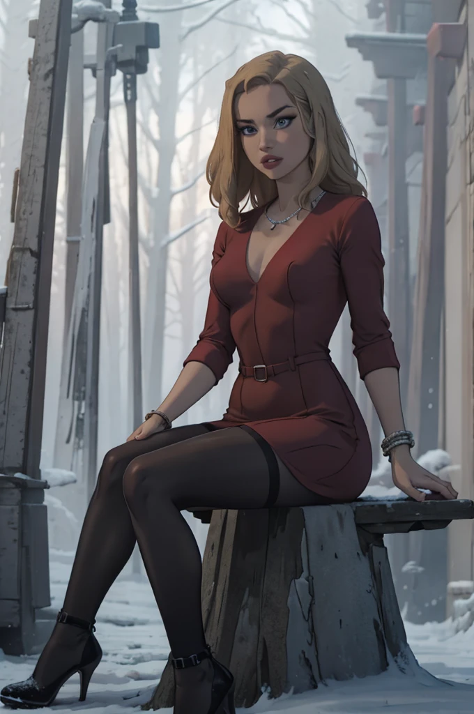 Masterpiece, Best quality, Very young Russian girl, blonde, Curly, Medium long hair without hairstyle, Short red dress with red color, Bracelet on the left wrist, necklace around the neck, Black openwork stockings, High-heeled shoes, sitting on a stone in the middle of a winter forest, look into the distance, snowy wild forest, It's cold, it's snowing, beautiful face and slim body, shapely legs, steam from the mouth, innocent and deep look, thick fog, photorealism, photographic appearance, RAW style.