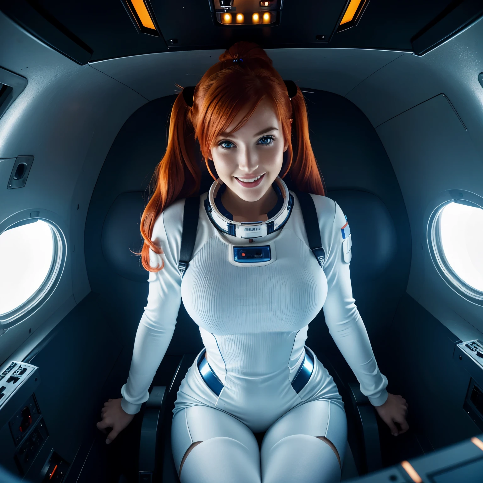 (overhead view) Cute redhead with rainbow colored hair tips, ribbons in her hair, 18-year-old woman, happy, smiling, in twin tails, perfect eyes, clear sparkling blue eyes, pale skin, silky smooth skin, flying a fancy metal luxurious space ship, futuristic cockpit, she's a pilot from ireland, outer space seen in windows, dark warm lighting, futuristic astronaut suit, anatomically correct, full body, sexy, bare bottom, Best quality, high detailed, Masterpiece, Cinematic Lighting, 4K