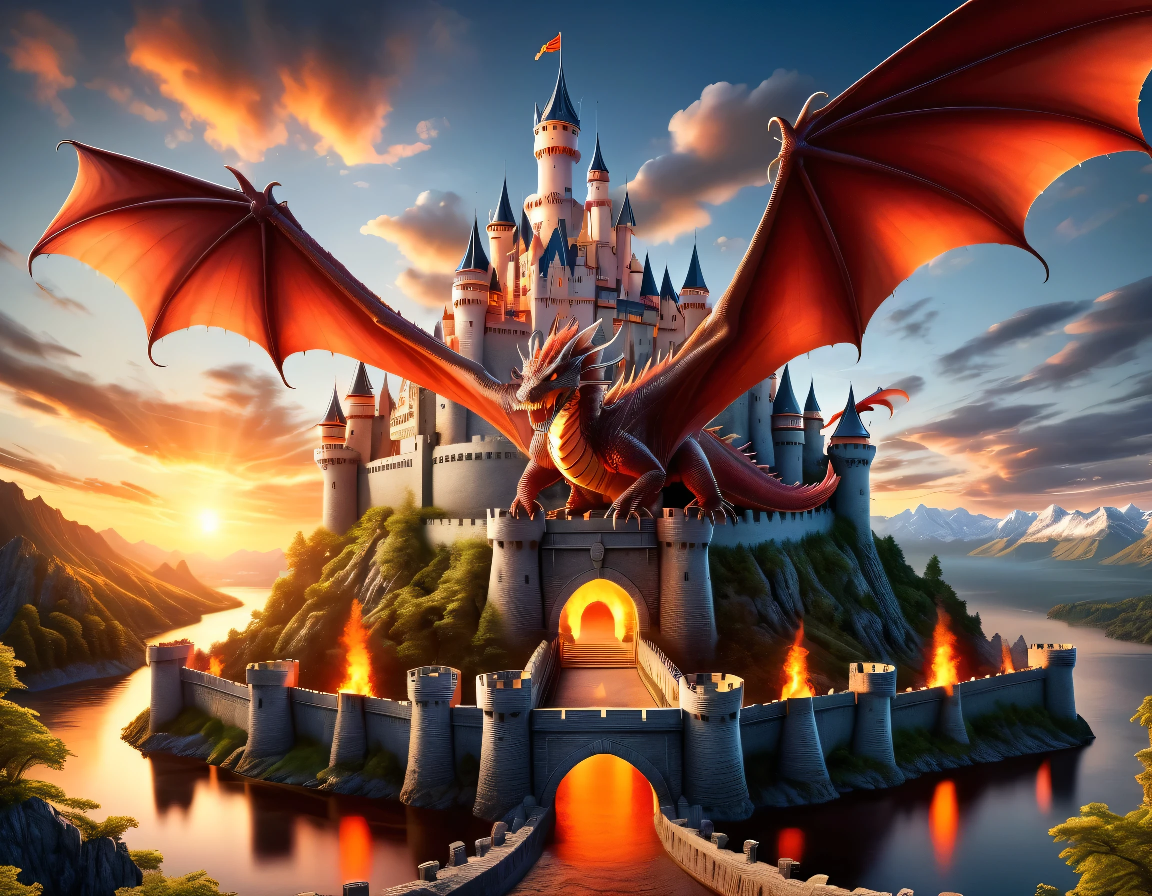 a panoramic award winning photography, Photorealistic, extremely detailed of a (castle: 1.4) being attacked by a dragon, an impressive best detailed castle,  with towers, bridges, a moat filled with lava, standing on top of a mountain, the red dragon flying near the castle threatening it, the sun sets on the castle, , masterpiece, best quality, (extremely detailed), ultra wide shot, photorealism, depth of field, faize