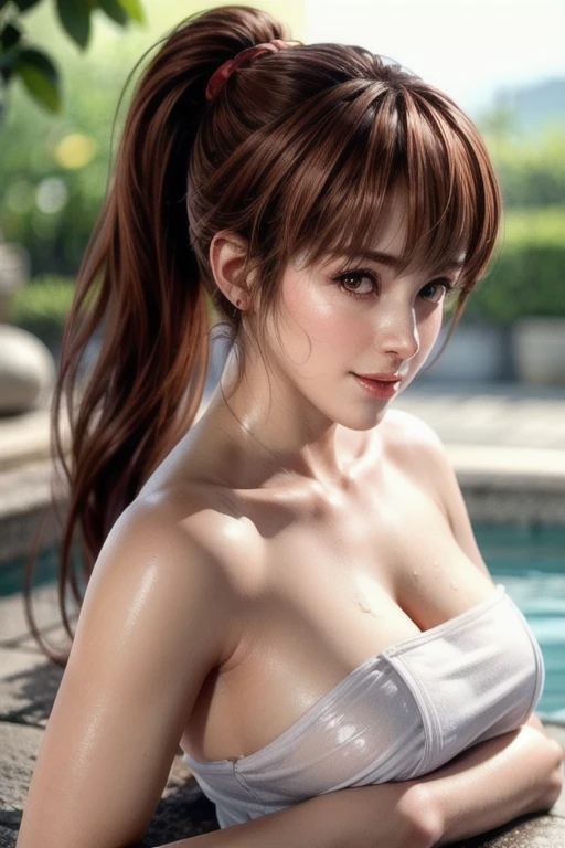 Full body shot of Kasumi, Young face, Brown Hair, ponytail, Cover yourself with a bath towel, Take a bath in the open-air bath, Wet and see-through bath towel, Vivitone, alone, Shyly lowered face, Red cheeks, Shy laugh, A pose with a slight twist of the upper body, Side lighting, Shallow and sharp depth of field,(Very detailed),Realistic, (masterpiece), (High resolution), (8k wallpaper)