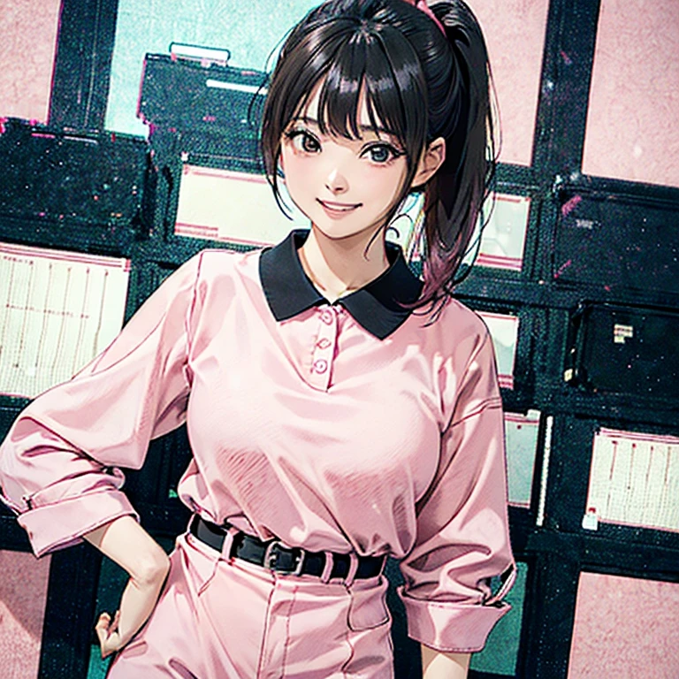 1 girl, solo, cute, detailed beautiful face,(high resolution detail of human skin texture), best quality, BREAK (japanese woman:1.3), (30yo:1.0), (office:1.4), (standing, arm_crossing, grin:1.2), (tuck in the shirt:1.0), (pink_polo_shirt:1.2), (pink_collar:1.2), (black_pants:1.0), (black_belt:1.2), (black_hair:1.0), (short_ponytail:1.0), (asymmetrical_bangs:1.0)