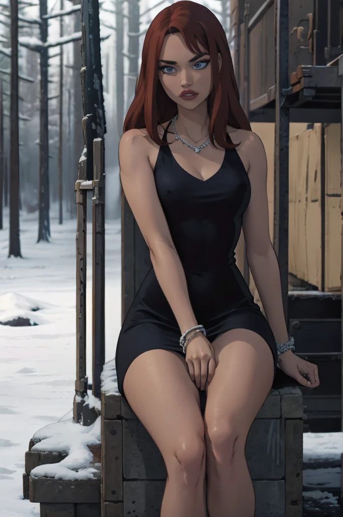 Masterpiece, Best quality, Very young Russian girl, red hair , Curly, Medium long hair without hairstyle, crystalblueeyes, Short thight glassy red dress with red color, can see body under dress, Bracelet on the left wrist, necklace around the neck, Black openwork stockings, High-heeled shoes, sitting on a stone in the middle of a winter forest, look into the distance, snowy wild forest, It's cold, it's snowing, beautiful face and slim body, shapely legs, steam from the mouth, innocent and deep look, thick fog, photorealism, photographic appearance, RAW style.