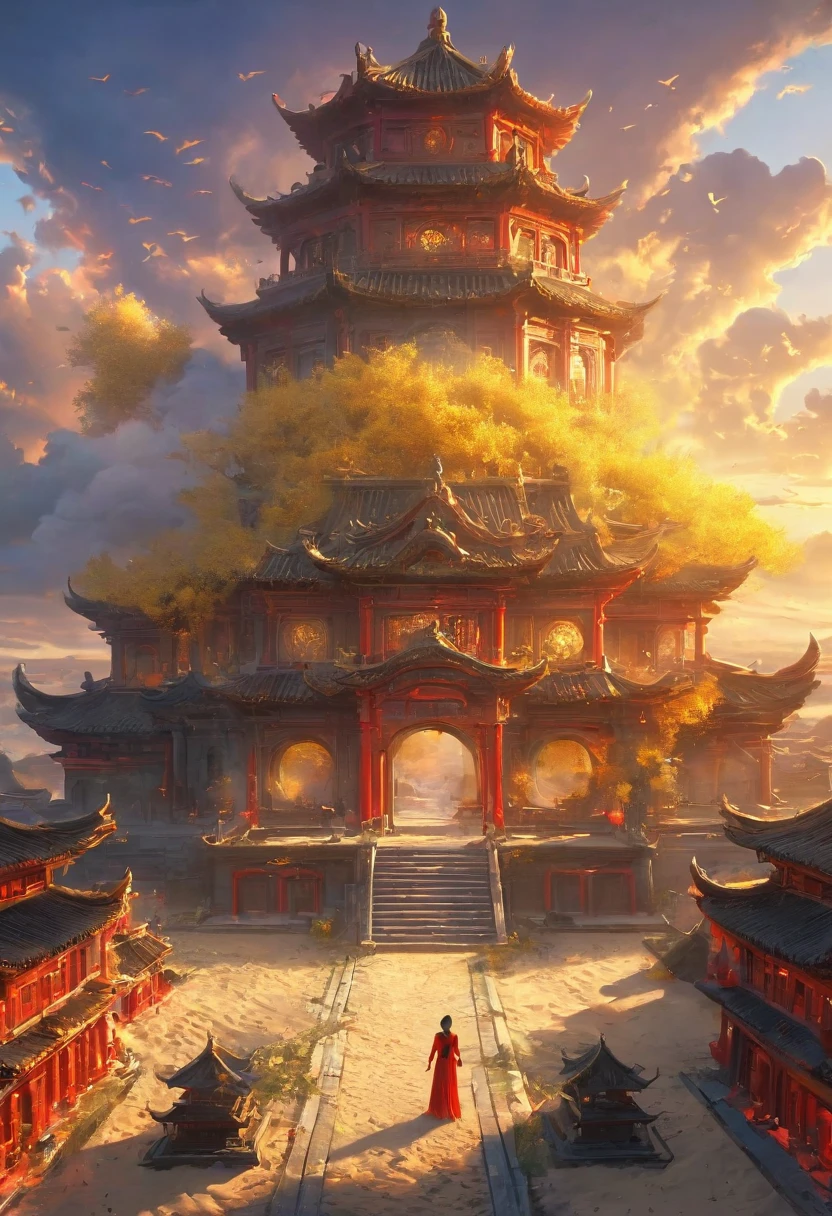 A woman wearing red makeup stands on the roof，Gazing at the skyline in the distance，The sunset and the ancient capital complement each other，Loulan ancient city，sunset yellow sand，cloud，Falling Flowers，Ancient City，Wild geese