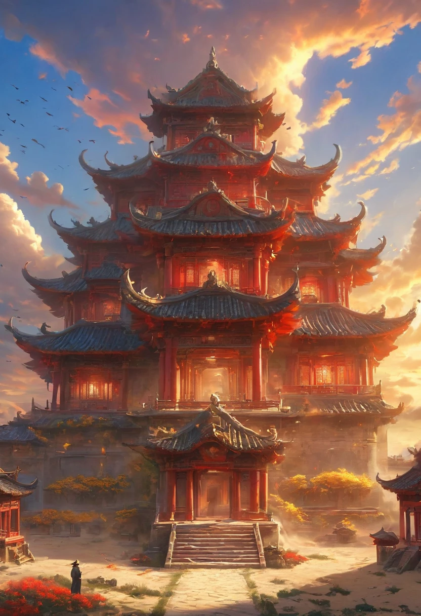 A woman wearing red makeup stands on the roof，Gazing at the skyline in the distance，The sunset and the ancient capital complement each other，Loulan ancient city，sunset yellow sand，cloud，Falling Flowers，Ancient City，Wild geese