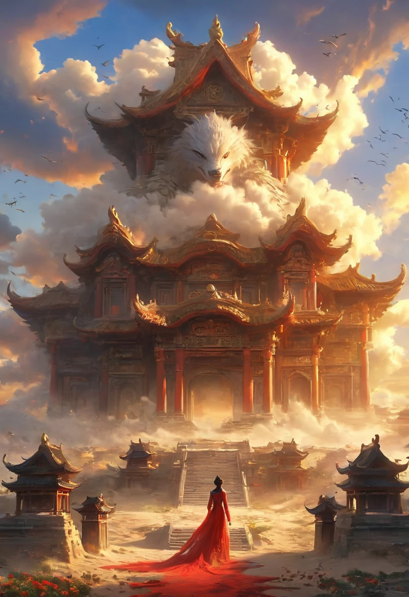 A woman wearing red makeup stands on the roof，Gazing at the skyline in the distance，The sunset and the ancient capital complement each other，Loulan ancient city，sunset yellow sand，cloud，Falling Flowers，Ancient City，Wild geese