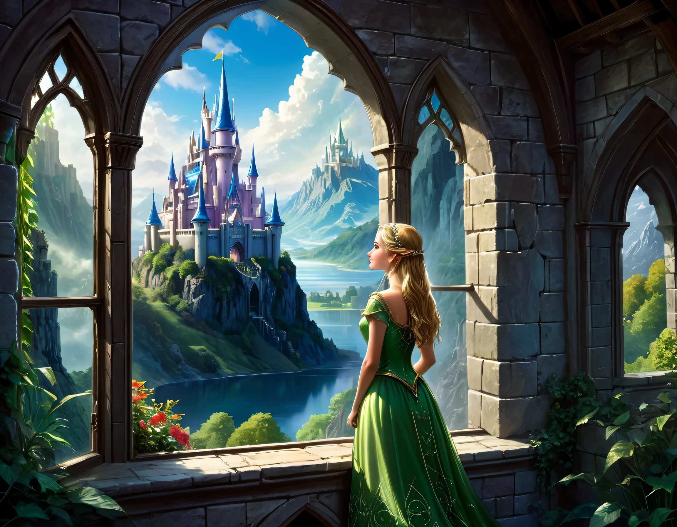 Fantasy-Kunst, RPG art, eine Prinzessin, die durch ihr Fenster auf ein magisches Schloss blickt, eine wunderschöne Elfenprinzessin, die durch ihr Fenster auf ein magisches Schloss blickt, ein beeindruckendes, detailgetreues Schloss, mit Türmen, Brücken, ein Graben, auf einem Berggipfel stehend farbig glasiert_xl