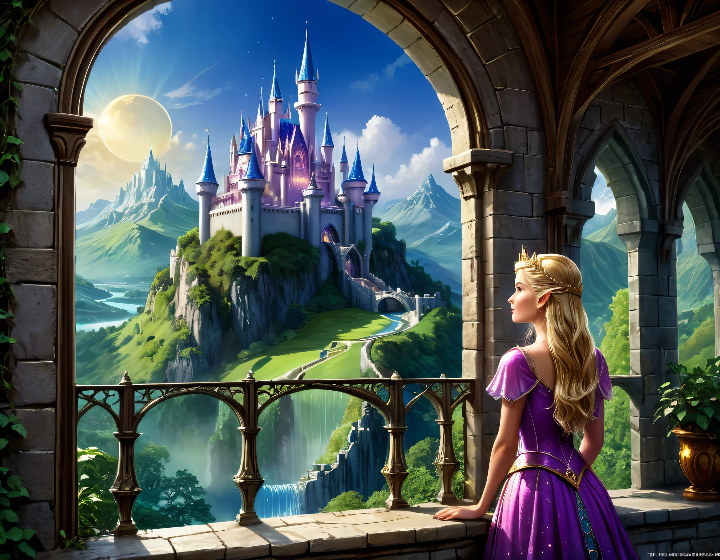 arte de fantasia, Arte RPG, uma princesa olhando pela janela para um castelo mágico, uma linda princesa élfica olhando pela janela para ver um castelo mágico, um impressionante castelo mais detalhado, com torres, pontes, um fosso, em pé no topo de uma montanha coloridaglazecd_Xl