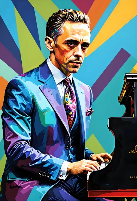 Jazz Night, painting of a man playing a piano in a colorful suit,  energetic jazz piano portrait, wpap, colourful movie art, ext...