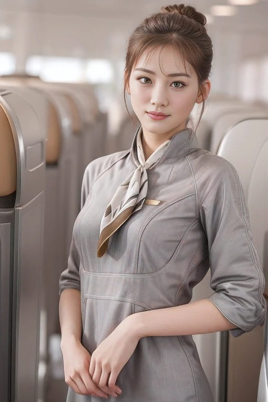 (шедевр:1.2、высшее качество:1.2)、32К HDR、Высокое разрешение、(один、1 девочка、Стройная фигура)、（Реалистичный стиль с униформой Starlux Airlines）、 (В зале аэропорта, Профессиональное освещение)、（Серебряная униформа Starlux Airlines:1.4）、（Серебряная униформа Starlux Airlines with short sleeves）、（шарф на груди）、большая грудь、（длинные волосы прическа、Вечерняя прическа）、темно-коричневые волосы、дальний план、（（Тонкая рука：2.0））、（（Гармоничные пропорции тела.：1.5））、（（Нормальные конечности：2.0））、（（Нормальный палец：2.0））、（（нежные глаза：2.0））、（（Нормальные глаза：2.0））)、красивая осанка стоя