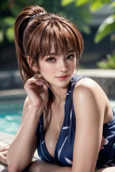 Full body shot of Kasumi, Young face, Brown Hair, ponytail, Cover your body with a yukata, Take a bath in the open-air bath, Wet...