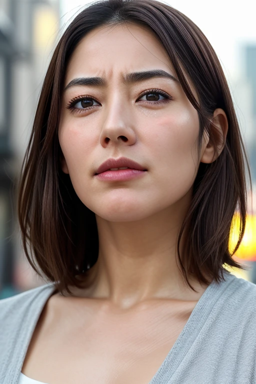 Beautiful Japanese actresses,1 girl,flying debris,,Award-winning photo, Very detailed, Keep your eyes focused, Nose and mouth,Face Focus, Extreme close up of face、 Age 35,Brown Hair、Symmetrical face,Realistic nostrils、Angle from below、Elongated C-shaped nostrils,(Sharp Nose)Sweaty skin、Shiny skin,(Brow wrinkles))（Cum on tongue)、((Thin eyebrows))Oily skin、Glowing Skin、double eyelid、、Beautiful woman、Medium Hair、Shortcuts、Tank top,I can see the sky、Shibuya Center Street、(((Show your side,throw))),Raise your eyebrows, (((Hold your mouth, Frowning, crazy, Frowning))), Textured skin,Long upper arms,((Cry with your eyes open, blush, Drunk, The face of endurance))Squat,Large Breasts,((Always lift your arms and show your sides))Long arms,scowl,smelling, annoyed, sad, sleepy, grimace, endured face