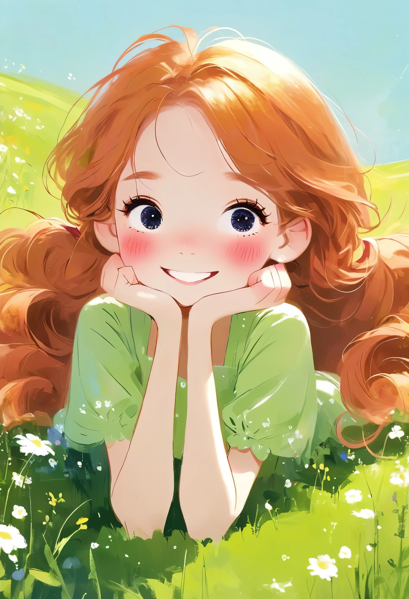 Rough texture，Hand-drawn style： cute girl, Round eyes, Smile, Mid-chest,
Orange Hair, Medium Length Hair, Side Ponytail, ,
panoramic, Upper Body, Lay down,
Pink skirt, floating dress, ,
On the summer meadow