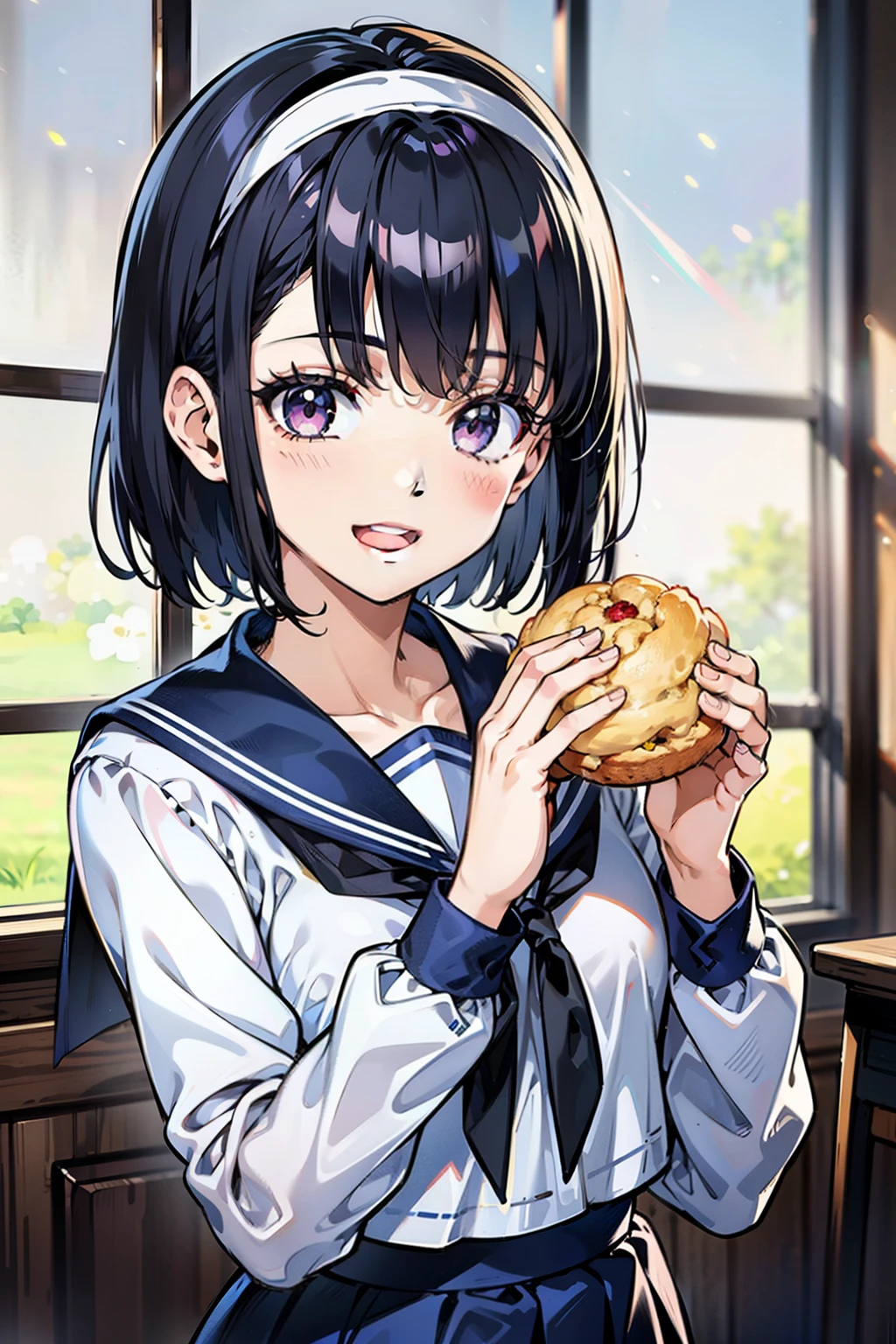 sailor uniform, sailor suit, one woman, (A beauty woman, Delicate high school girl:1.3), 8K, highest quality, masterpiece, Very detailed, Ultra-high resolution, Realistic, RAW Photos, Absolute Resolution, Black Hair, Bobcut, Small face compared to body, Very small face, Black Hair, ((Navy blue sailor suit)), Navy Blue Skirt, High school girl in sailor suit, 2D Rendering of Anime, Realistic若いアニメの女子高生, , ((White headband)), Small breasts, tall, Slanted Eyes, Purple Eyes, Black Stockings, garter belt, toothless smile, Private room, (Hold a muffin in your right hand:1.3), (Top-down position:1.2), Open your mouth, smile, upper body, looking at viewer, blurry background,