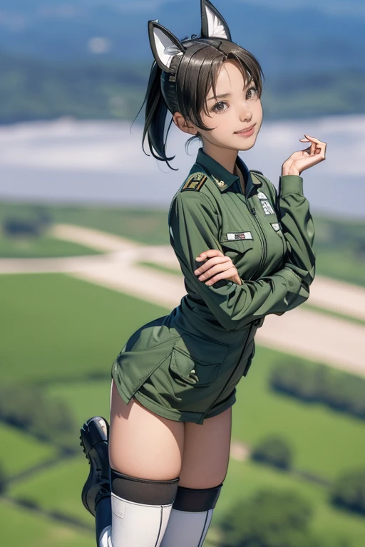 {(masterpiece,best quality, 8K UHD, extremely detailed CG, detailed beautiful face and eyes and skin and hair), (best quality face) }, {(3d ultra realistic photo graphic style:1.4)}, {(1girl free_fall from 10000m above the ground:1.2), (out of focus background:1.4)}, {1girl, 18yo, (beasts_ears),medium hair, Ponytail hair with braids, forehead}, {(strike witches:1.4),(military shoes:1.2), (thigh-high socks),navel}, {(cheerful:1.3), (candid shot)}, {(bring knees forward:1.1), (inner thighs showing pose:1.2)}