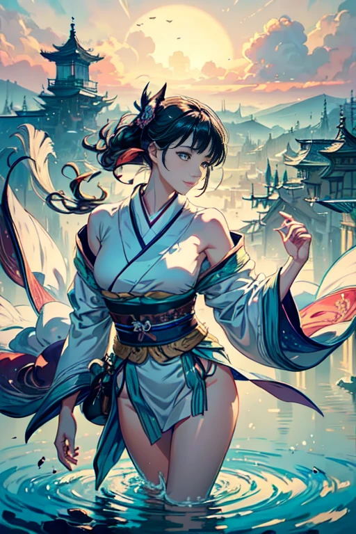 (Watercolor style), (Muted Tone:1.3), Delicate, Detail, Masterpiece,(colorful)illustration (best quality:1.2),intricate details, newest, edo,cat,darknight,midnight, Fantasy world, high leg kimono, attractive, shoulders, thighs,Transparent kimono, Living kimono, talking with kimono, moving kimono, discussion heated, fun, several cats in kimono at my feet, view from above, close up, Calm soothing look, Warm happy reassuring smile, The loincloth that I took off is plesent to you,I have a loincloth, dynamic angle, dynamic pose, close up, Artistic masterpieces that will go down in history, ,1girl, seductive, delicate,mksks