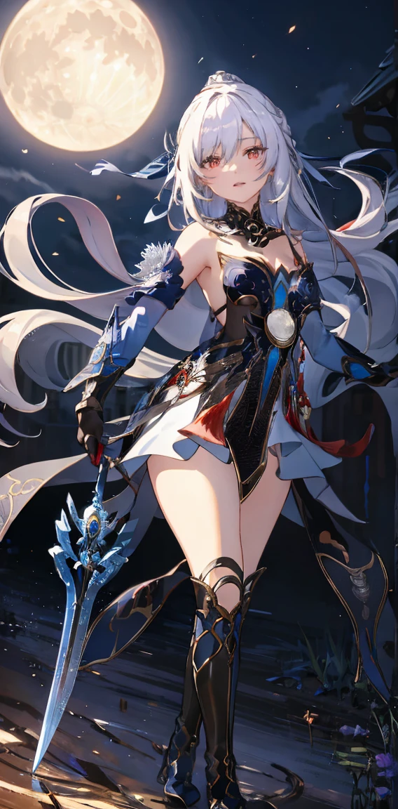 masterpiece, highest quality, JingliuV5, 1 girl, alone, Looking at the audience, Red eyes, gloves, dress, Holding, Expose your shoulders, Mouth closed, arms, boots, null, black gloves, sword, Holding arms, night, Holding sword, moon, night null, full moon, 