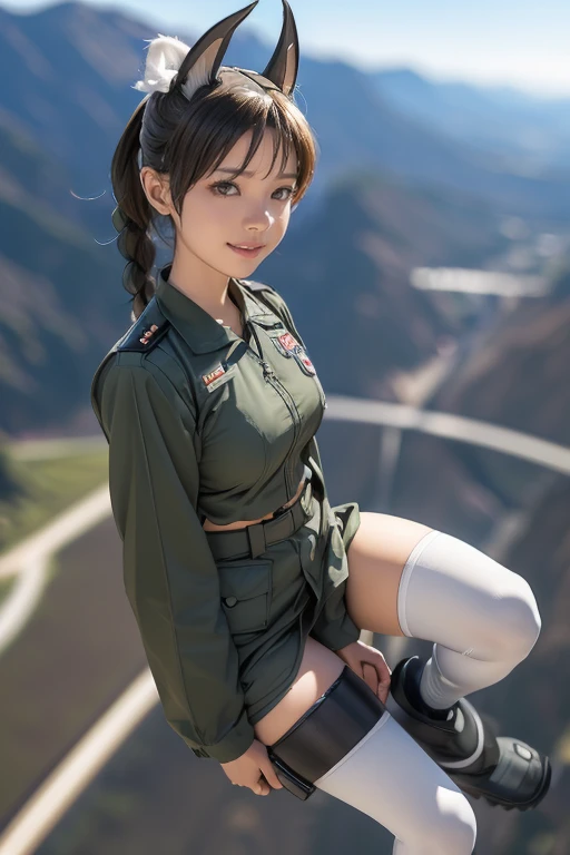 {(masterpiece,best quality, 8K UHD, extremely detailed CG, detailed beautiful face and eyes and skin and hair), (best quality face) }, {(3d ultra realistic photo graphic style:1.4)}, {(1girl free_fall from 10000m above the ground:1.2), (out of focus background:1.4)}, {1girl, 18yo, (beasts_ears),medium hair, Ponytail hair with braids, forehead}, {(strike witches:1.4),(military shoes:1.2), (thigh-high socks),navel}, {(cheerful:1.3), (candid shot)}, {(bring knees forward:1.1), (inner thighs showing pose:1.2)}, (Boys Mk.I anti-armor rifle)