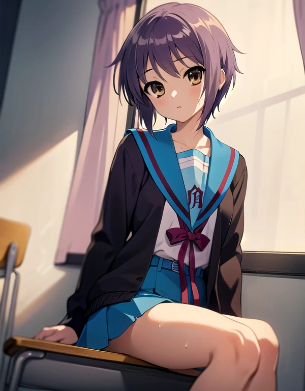 (masterpiece, best quality, detailed), 1girl, solo, ny1, looking looking at viewer, expressionless,
ny1, , blue sailor collar, serafuku, blue skirt, long sleeves, brown cardigan, open cardigan, indoors, classroom, school desk, window, school chair, curtains, sitting, spread legs, panties, wet legs 