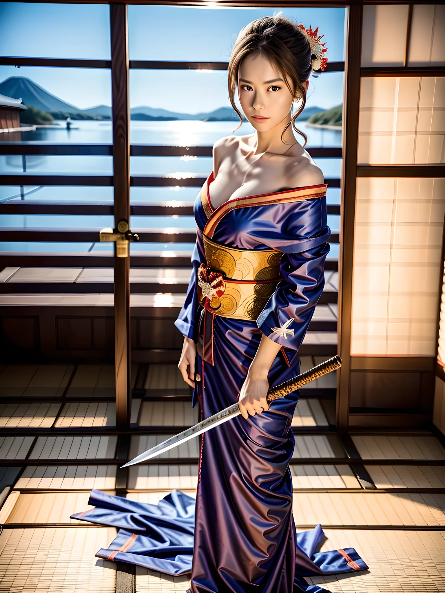 masterpiece, highest quality, Raw photo, Realistic photos, (Holding a sharp Japanese sword in his right hand), ((Attack an enemy with a Japanese sword)), loooking at viewer, Glaring at the audience, ((Japanese female samurai)), Wide-angle shot, Dynamic perspective, Off-the-shoulder kimono