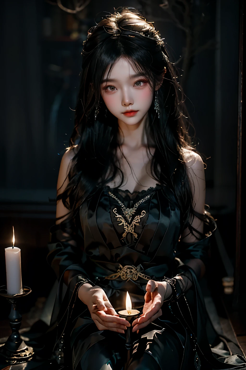 Photographie artistique de Yeonhwa vêtue d&#39;une robe en soie noire dans l&#39;obscurité,la moitié du corps obscurcie par les ombres,side Lumière from a burning candle beside her.
regarder_à_téléspectateur, Lumière_sourire, tons chauds,dark background
Monet-style Lumière and shadow effects in oil painting,composition parfaite