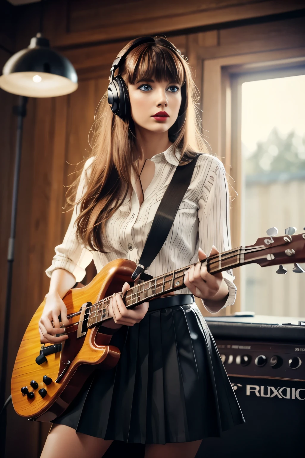 RAW Photo,DSLR,BREAK ultra detailed (masterpiece, best quality), (RAW photo, best quality), 1girl, instrument, solo, blue eyes, guitar, long hair, skirt, headphones, music, electric guitar, indoors, playing instrument, red lips, cable, plectrum, brown hair, signature, holding, looking at viewer, shirt, pleated skirt, black skirt, lipstick, cowboy shot, blurry, parted lips, lips, makeup, black shirt, standing, bass guitar, bangs, holding instrument, 