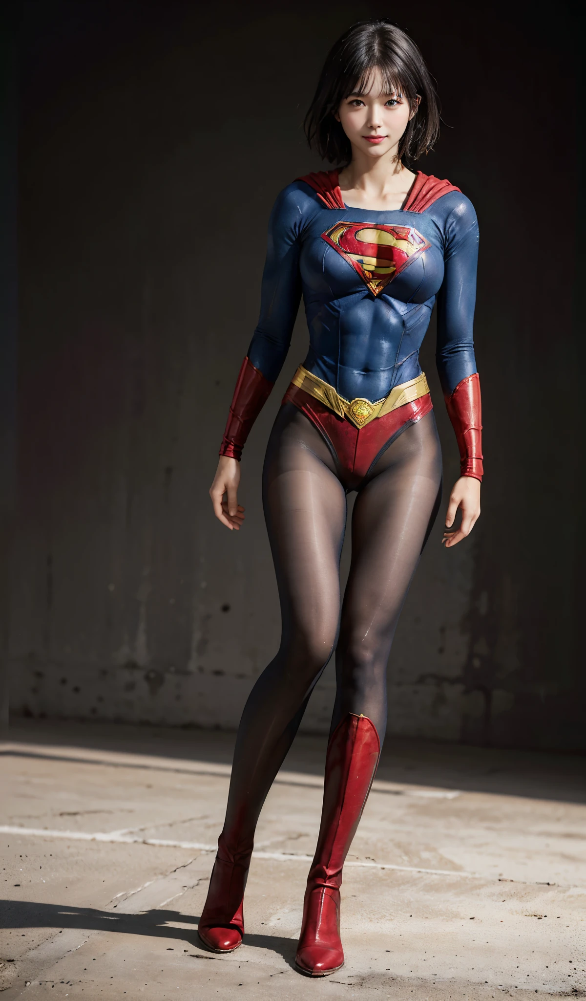 No background、(((Beautiful legs in black tights.)))、(((Legally express the beauty of your smile)))、((((Make the most of your original images)))、(((Supergirl Costume)))、(((Beautiful short bob hair)))、(((suffering)))、(((Please wear black tights....、Wear red boots)))、((Best image quality、8k))、((highest quality、8k、masterpiece:1.3))、(((Preserve background )))、Sharp focus:1.2、Beautiful woman with perfect figure:1.4、Slim Abs:1.2、Wet body:1.5、Highly detailed face and skin texture、8k