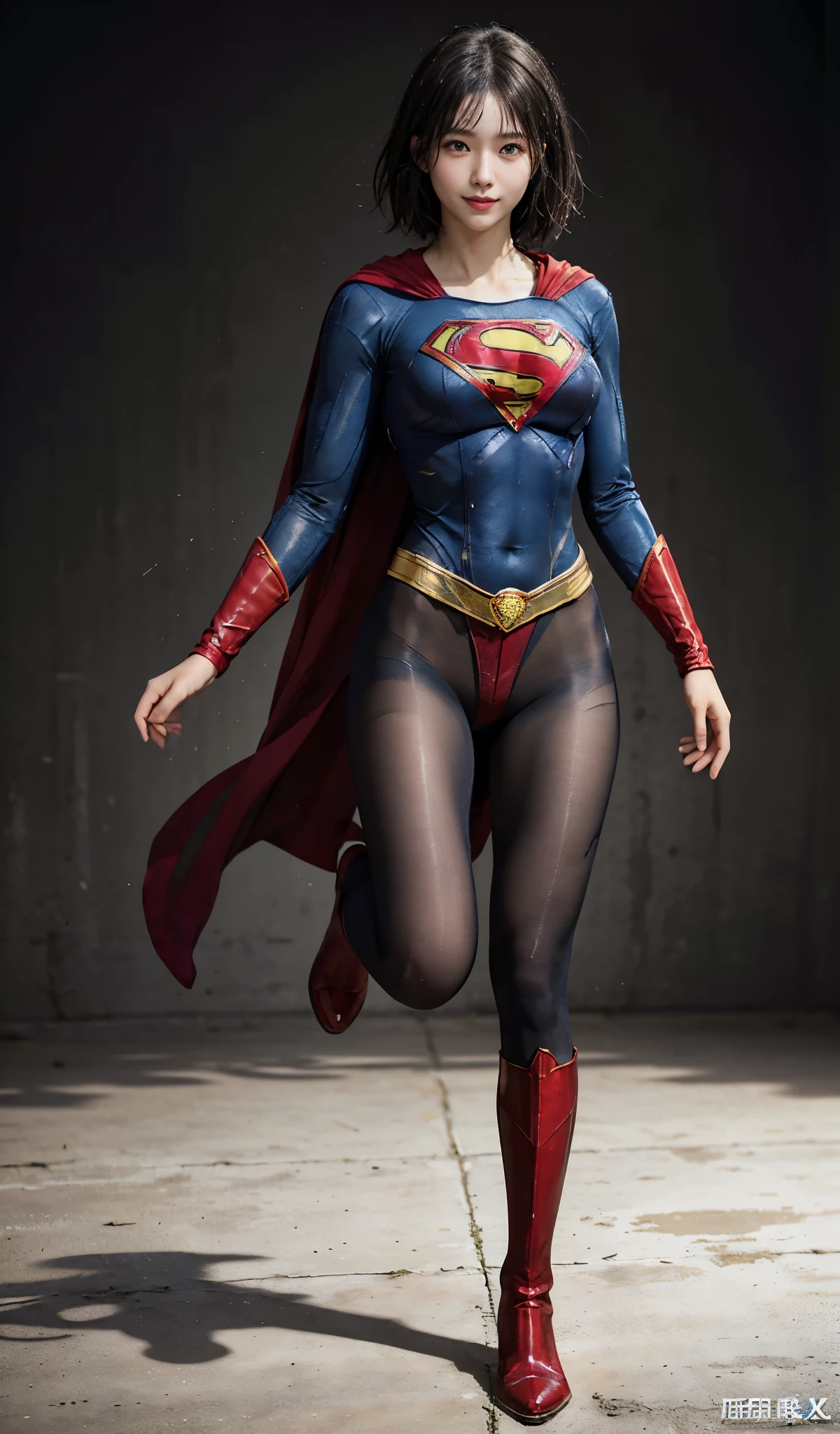 No background、(((Beautiful legs in black tights.)))、(((Legally express the beauty of your smile)))、((((Make the most of your original images)))、(((Supergirl Costume)))、(((Beautiful short bob hair)))、(((suffering)))、(((Please wear black tights....、Wear red boots)))、((Best image quality、8k))、((highest quality、8k、masterpiece:1.3))、(((Preserve background )))、Sharp focus:1.2、Beautiful woman with perfect figure:1.4、Slim Abs:1.2、Wet body:1.5、Highly detailed face and skin texture、8k