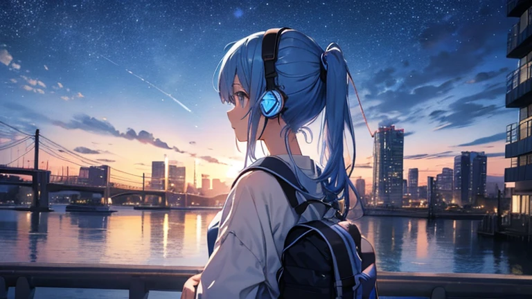 Building roof　Blue Hair、、The starry sky fills the screen.、女の子のBack view。A woman is wearing headphones 4k, sad,、Bowwater&#39;Art Style、Beautiful digital illustrations、Beautiful character drawings、Stunning Anime Face Portrait Mikudayo, Official artwork, LOFI Girl, Admire the art style,, Halfbeak, Anime atmosphere, A mix of anime style and Fujifilm, Digital anime illustration, anime wallpaper 4k　ヘッドフォンをつけた少女 Blue Hairの女性　Put on headphones;　　　High resolution　high quality　Beautiful and realistic sky　The sky is the main thing　Back view　Back view　The scenery is the main thing　The scenery is the main thing　Emotional　lofi old camera film　Deep　3D