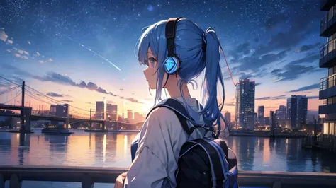 Building roof　Blue Hair、、The starry sky fills the screen.、女の子のBack view。A woman is wearing headphones 4k, sad,、Bowwater&#39;Art ...