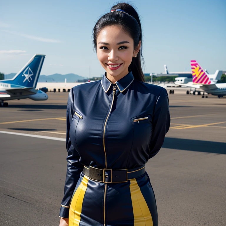 (Thai woman),(highponytail),(forehead),(Flight attendant uniforms:1.3),(enormous breasts:1.6),(slim waist:1.3),(smile:1.5),(aircraft runway in the background:1.5), (cowboy shot:1.4),8k, UHD,