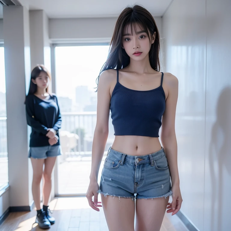 (1 girl one girl:1 girl.3 girls), Solitary,_Jennie Kim Face，Wear a royal blue armband sweater，Short，There is a white tube top inside，Blue shorts，，Sexy，cute，White Leg Clothing，White walls，，full-body shot，Looking at the audience，World-weary Face，indifferent eyes，Korean