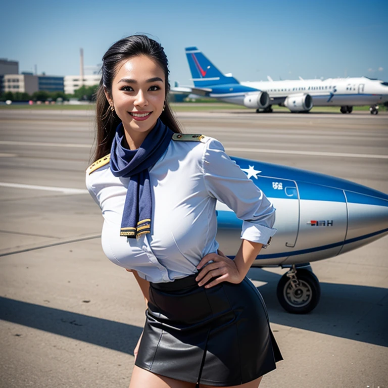 (Thai woman),(highponytail),(forehead),(Flight attendant uniforms:1.5),(short skirt),(scarf),(enormous breasts:1.6),(slim waist:1.3),(smile:1.5),(aircraft runway in the background:1.5), (cowboy shot:1.4),8k, UHD,