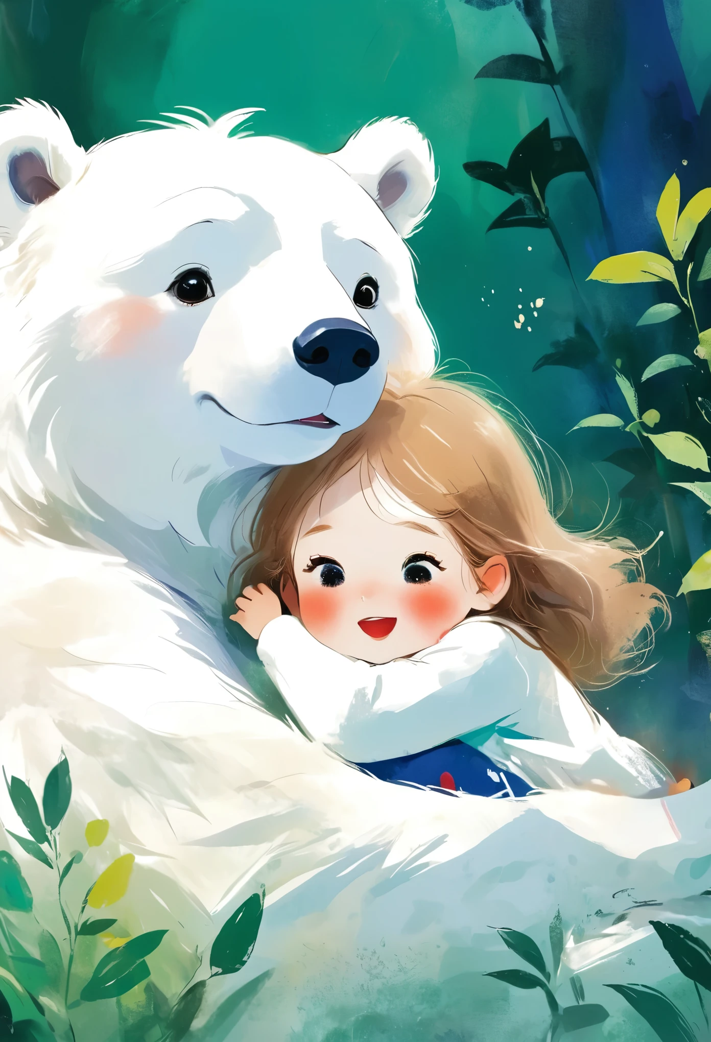 Rough texture，Hand-drawn style：Great white bear，little girl，Warm，The healing picture