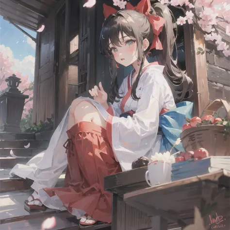 one girl,  alone, bow,long hair, red bow, kimono, ponytail, hair bow, brown eyes, black hair, blue hair, cherry blossoms,