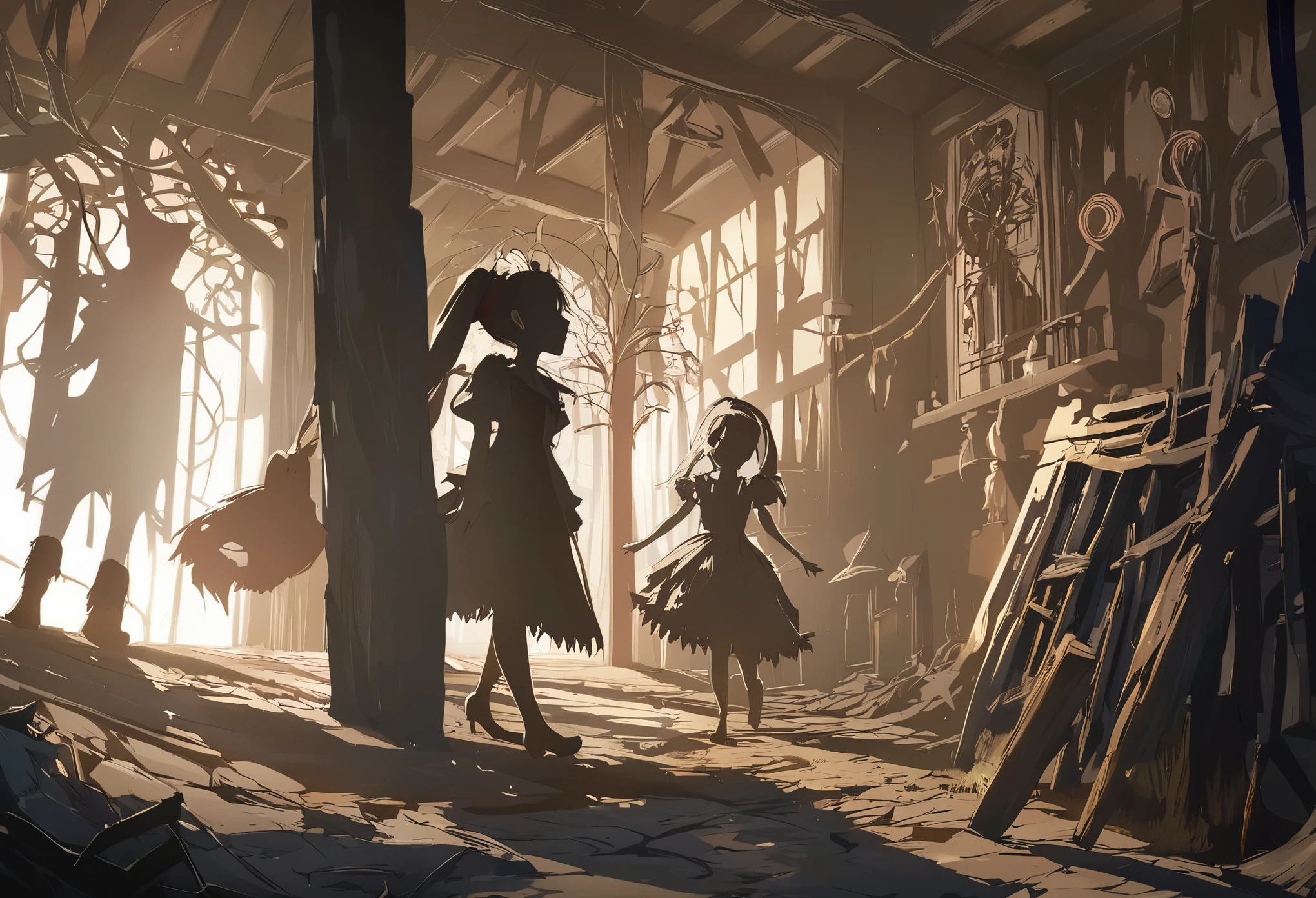 highres, unparalleled masterpiece, detailed background, absurdres, perfect anatomy(Hansel and Gretel)good lighting, volumetric lighting, cinematic shadow,