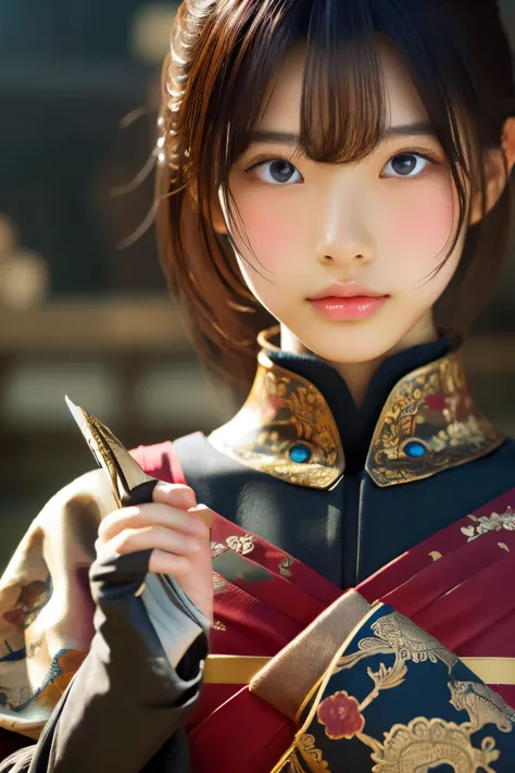 close up, 8K,Woman on the Battlefield,Japanese samurai armor,Super beautiful(like the real thing),perfect face,Perfect hand shap...