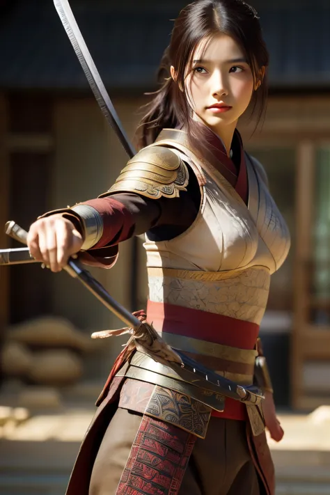 8K,Woman on the Battlefield,Japanese samurai armor,Super beautiful(like the real thing),perfect face,Perfect hand shape,Charm,Vo...