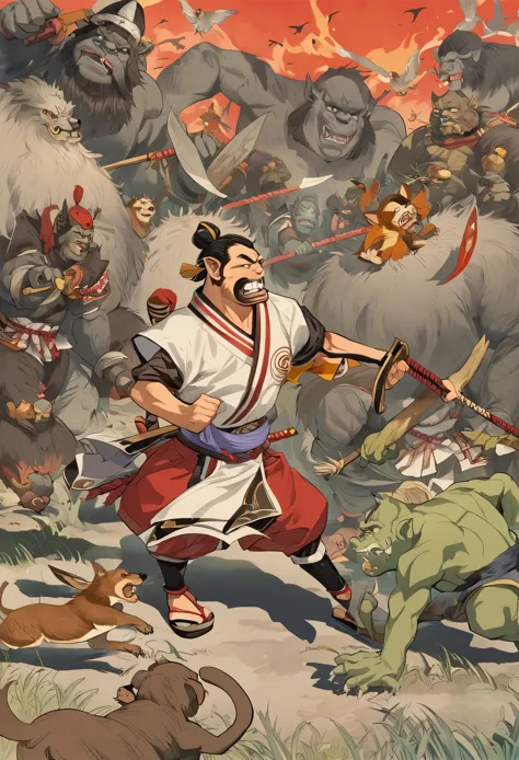 (masterpiece, top quality, best quality)dynamic scene from the Japanese folktale 'Momotaro', showing Momotaro fighting alongside...