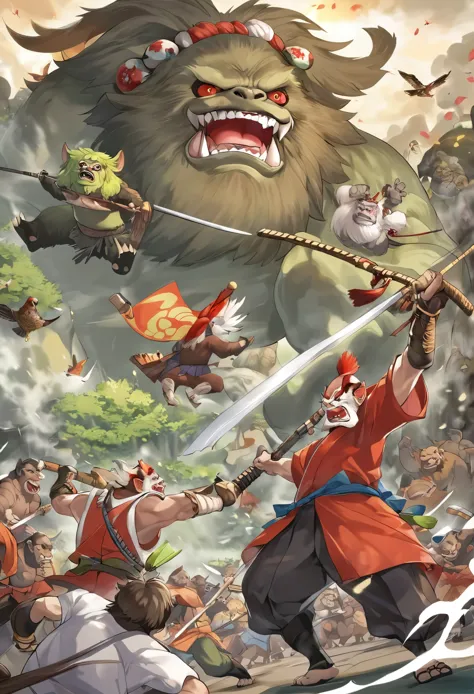(masterpiece, top quality, best quality)dynamic scene from the Japanese folktale 'Momotaro', showing Momotaro fighting alongside his animal companions, a dog, a monkey, and a pheasant, against the ogres, The scene should be set on the Ogre Island, with Mom...
