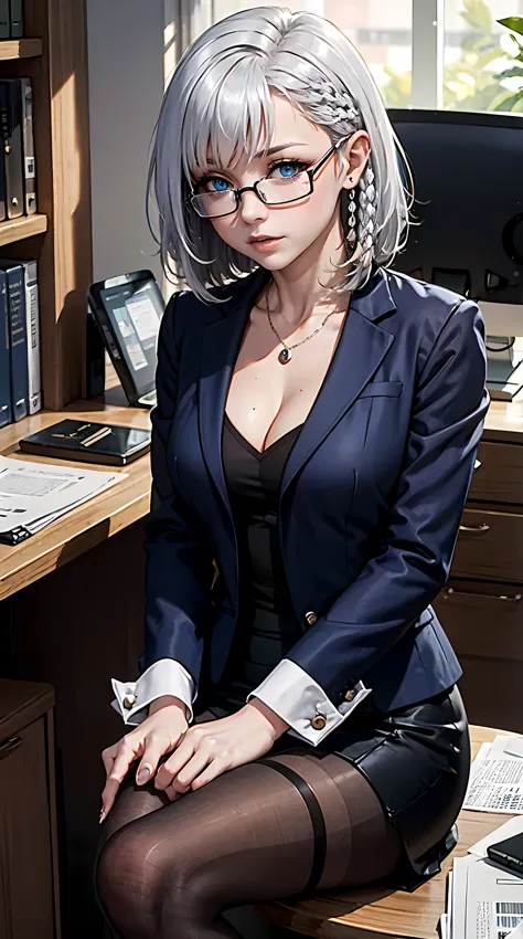 beautiful silver hair woman is shown to have a sexy figure, she is wearing a sexy office blazer with skirt and pantyhose, glasse...