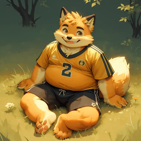 New Jersey 5 Furry，fox，Personal portrait,Exquisite，Chubby，Orange plush fur，Cute face，Black eyebrows，child，t-shirt，shorts，Sitting...