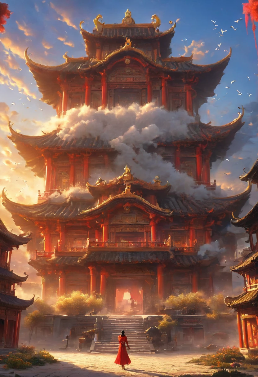 A woman wearing red makeup stands on the roof，Gazing at the skyline in the distance，The sunset and the ancient capital complement each other，Loulan ancient city，sunset yellow sand，cloud，Falling Flowers，Ancient City，Wild geese